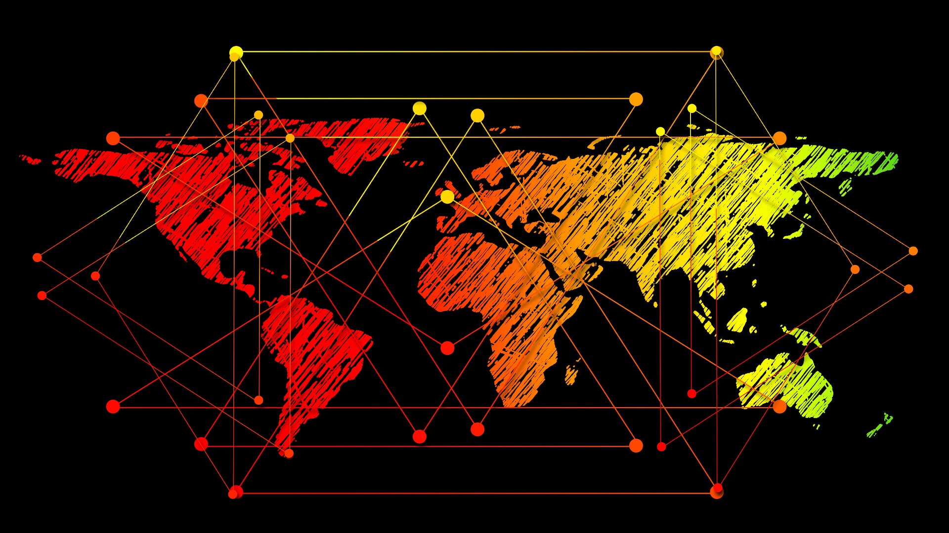 Mapa świata z liniami łączącymi różne miejsca na świecie.